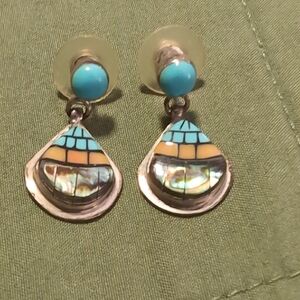 Sterling Inlay Dangle Earrings – Turquoise & Abalone